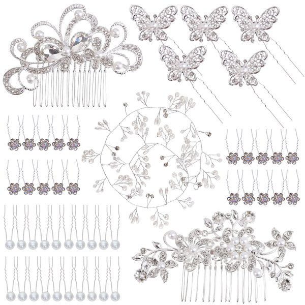 48 Pieces Wedding Hair Comb Hair Pins Set, FULANDL Faux Crystal Pearl Bridal Hair Accessories, Rhinestone Bridal Side Combs U-shaped Butterfly Flower Hair Clips for Women Girls