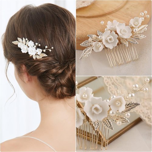 Soulshow New Handmade Ceramic Flower Wedding Hair Accessories Pearl Gold Alloy Leaf Wedding Hair Comb Bridal Hair Accessories Classical Wedding Headpiece for Bride