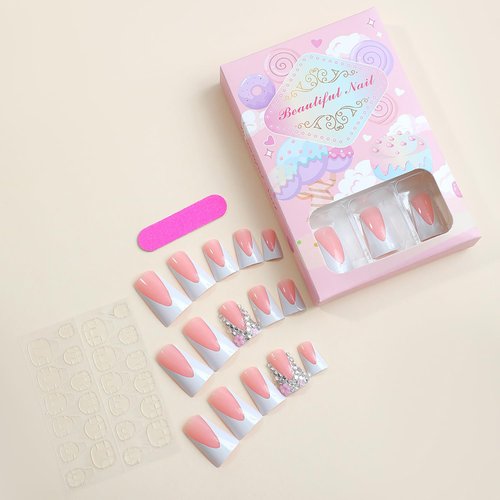 24 Pcs French Tip Press on Nails Long Fake Nails with Glue Shiny Rhinestone Glue on Nails for Women Full Cover False Nails with Design Duck Nails Press ons Artificial Stick on Nails for Daily Wear