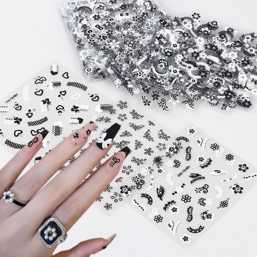 30 Sheets Flower Nail Art Stickers Black White Floral Butterfly Nail Decals 3D Self-Adhesive Daisy Nail Art Design Supplies for Women Girls Hibiscus Flower Nail Stickers Decoration