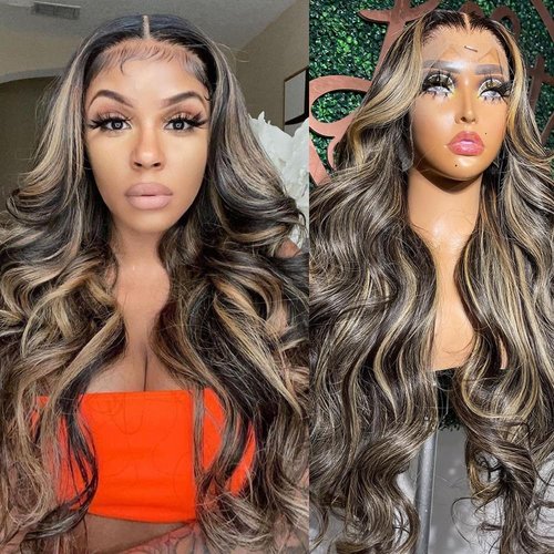 LRNLRN 26 Inch Ombre Lace Front Wig Human Hair Pre Plucked 1B/27 Highlight Lace Front Wig Human Hair with Baby Hair 200 Density 13x4 Body Wave Colored Lace Front Wigs Human Hair Glueless Wigs