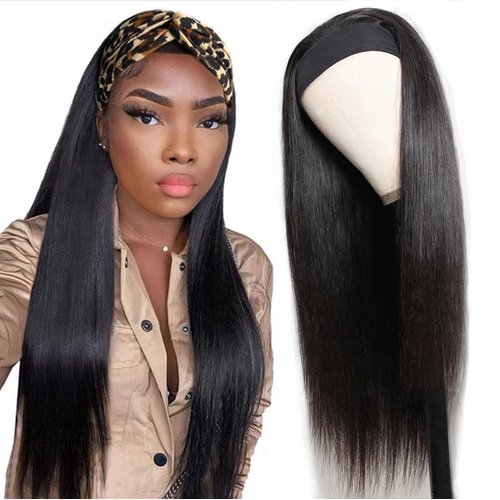 Ubetta Headband Wigs Straight Human Hair Glueless None Lace Front Wigs Natural Black for Black Women Brazilian Virgin Remy Hair Machine Made Headbands Half Wigs 150% Density 12Inch