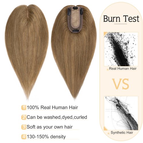 SEGO Human Hair Toppers for Women With Thinning Hair 7 * 13CM Silk Base 100% Real Human Hair Clip in Top Wiglet Hair Pieces -8 Inch No Bangs Light Brown