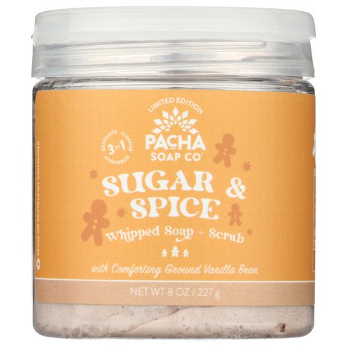 Pacha Sugar & Spice Whipped Soap & Scrub, Luxurious Body Wash and Scrub for a Nourishing & Relaxing Head to Toe Cleanse, 8 oz