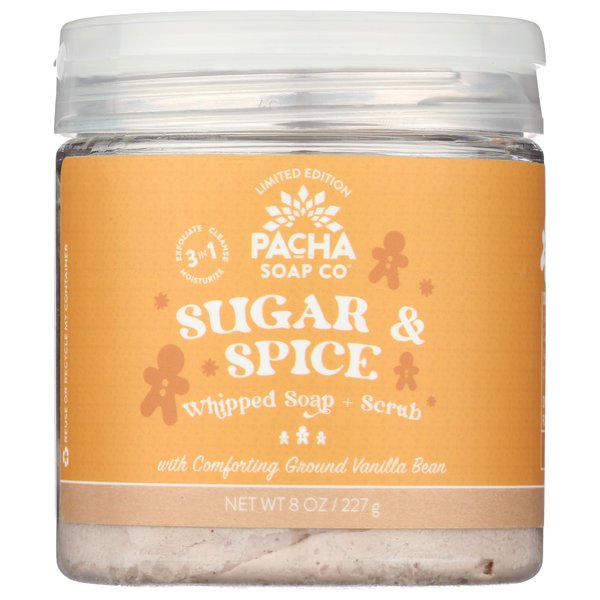 Pacha Sugar & Spice Whipped Soap & Scrub, Luxurious Body Wash and Scrub for a Nourishing & Relaxing Head to Toe Cleanse, 8 oz