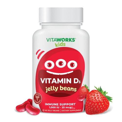 VitaWorks Kids Vitamin D 1000 IU Jelly Beans - Tasty Natural Strawberry Flavor, Vegetarian, GMO-Free, Gluten Free, Nut Free Vitamins - Dietary Supplement for Immune Support - for Children - 60 Jellies