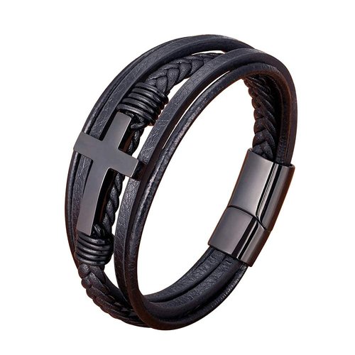 Multi-Layer Braided Leather Bracelets with Magnetic Clasp Mens Cuff Bracelets for Men Genuine Leather Bracelet Religious Leather Bracelets decorate Gift (Black, 8.3 Inches)