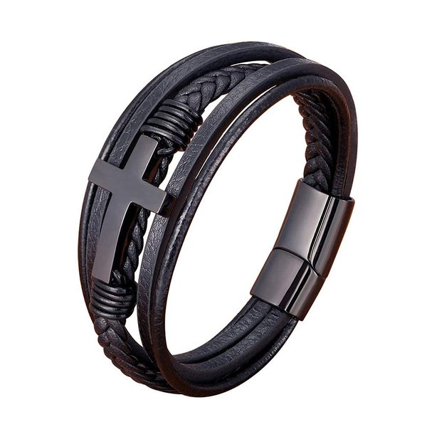 Multi-Layer Braided Leather Bracelets with Magnetic Clasp Mens Cuff Bracelets for Men Genuine Leather Bracelet Religious Leather Bracelets decorate Gift (Black, 8.3 Inches)