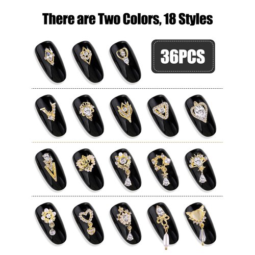 36 Pcs Luxury Nail Charms, TOROKOM 3D Dangle Nail Art Rhinestones Gold Silver Heart Pearl Crystal Gems Nail Diamond for Girl Women DIY Nail Design Craft Jewelry Making