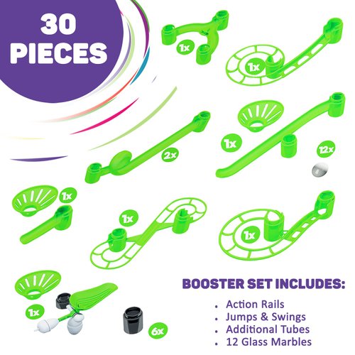Marble Genius Marble Rails Booster Set: 30 Piece Marble Run (includes 12 Plastic Marbles), Add-Ons for Marble Rails Building Sets, with Online App and Full-Color Instructions, Ages 8 and Up