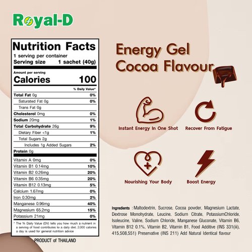 Royal-D Energy Gels for Running - Energy Gel, Running Gels, Sports Gels for Runners, Energy Gel for Cycling, Energy Gel for Running - Cocoa Flavor (1.4 Oz Packet, 20 Count)