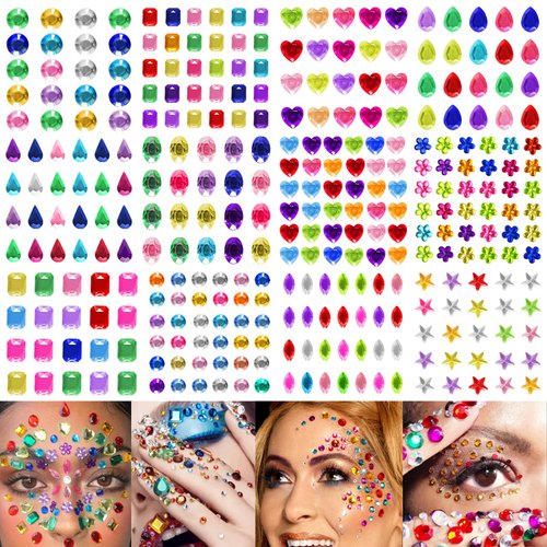 12 Sheets Face Jewels for Makeup Self Adhesive Rhinestones Assorted Shapes Face Gems Glitter Eye Diamonds Hair Rhinestone Stickers Nail Art Christmas DIY Craft Party Rave Accessories
