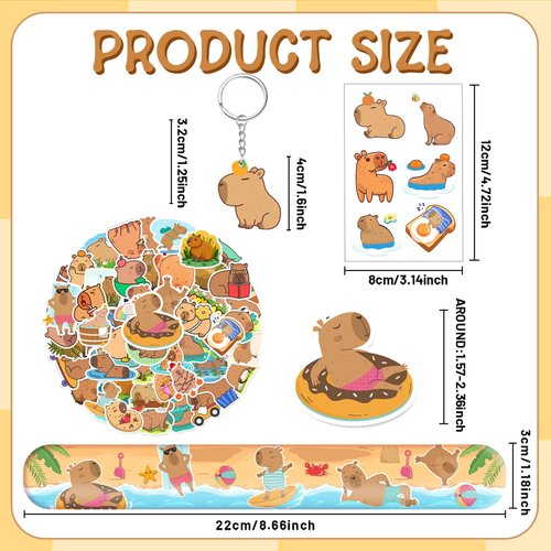 Lcnjscgo 98 PCS Capybara Party Favors, Capybara Temporary Tattoos, Slap Bracelets, Keychains, Stickers, and Badges for Kids Capybara Birthday Party Decorations and Classroom Rewards