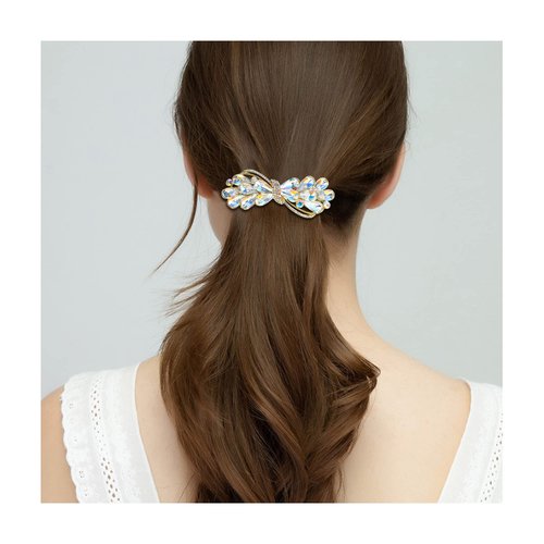 EVER FAITH Wedding Austrian Crystal Hair Barrette Clip, Rhinestone Waterdrop Bowknot Hair Accessories for Women Iridescent Clear AB Gold-Tone