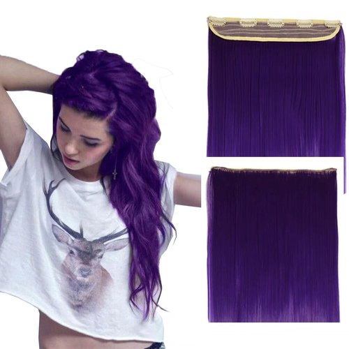iLUU Clip in Hair Extensions 100g 24" Straight Thick Heat-Resisting Fiber Hairpiece #2410 Dark Purple Long Synthetic Hair Clip in Extensions 5Clips Hairpiece for Beauty Girls Women