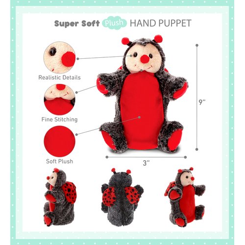 DolliBu Ladybug Plush Hand Puppet for Kids - Soft Plush Stuffed Animal Hand Puppet Toy for Puppet Show Games Puppet Theaters for Kids, Adult Cute Puppets Educational Toy to Teach Children & Toddlers