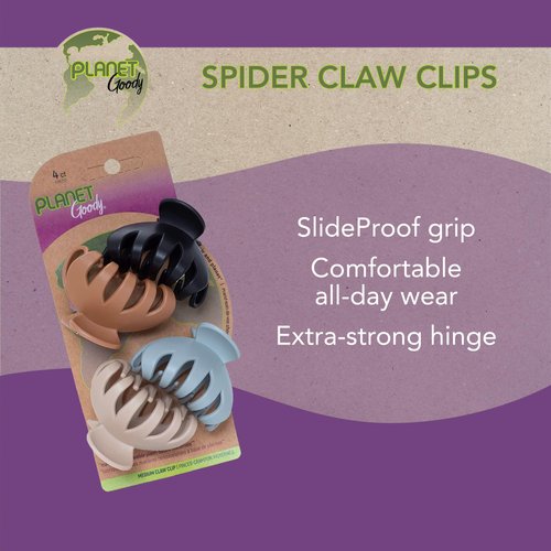 GOODY Planet Spider Claw Hair Clip, 4-Count - Assorted Neutral Colors - Medium to Long Hair - Long-lasting & Will Not Slip - Pain-Free Hair Accessories for Women, Men, Boys & Girls - All Hair Types