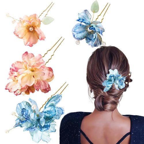 4 PCS Flower Hair Pins Pink Hair Pins Set Embellished With Pearls Beautiful Hair Pin Floral Hairpieces Flower Hair Accessories for Women Girls