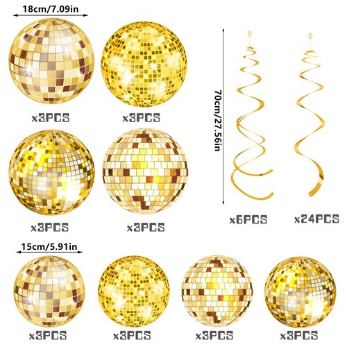 54 Pieces Gold Disco Party Decorations Disco Ball Hanging Swirls 70s Party Hanging Swirls Ceiling Decor for Disco Fever Party 70s Hippie Birthday Party Favors Supplies