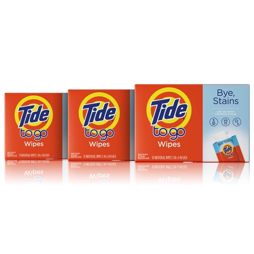Tide To Go Stain Remover Wipes for Clothes, Instant Laundry Travel Stain & Spot Remover, 3 Pack, (30 Wipes Total)