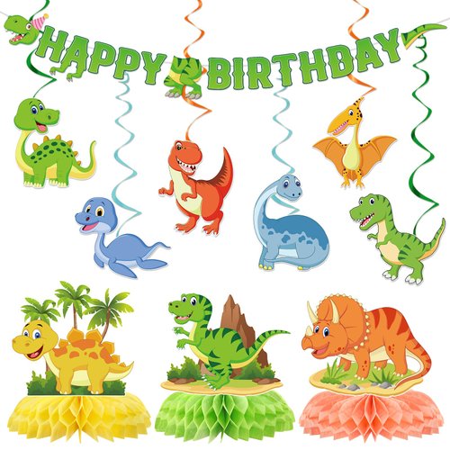 Hokinaa Dinosaur Birthday Party Decorations - 10 Pcs Watercolor Dinosaur Happy Birthday Banner Hanging Swirl Streamer Honeycomb Centerpieces Dino Theme Party Decorations Supplies for Boys Girls