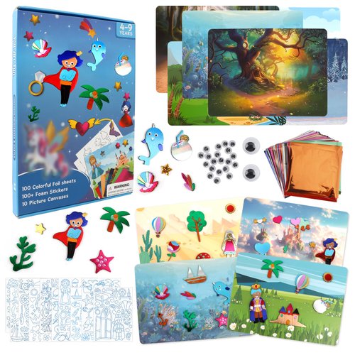 Foil Arts Kit for Girls Arts and Crafts for Girls 4 5 6 7 8 Fun Activity Set for Girls DIY Creative Birthday Gifts for Girl Boy Fun Craft Kits for Christmas Stocking Stuffers No Mess Art for Girl Blue
