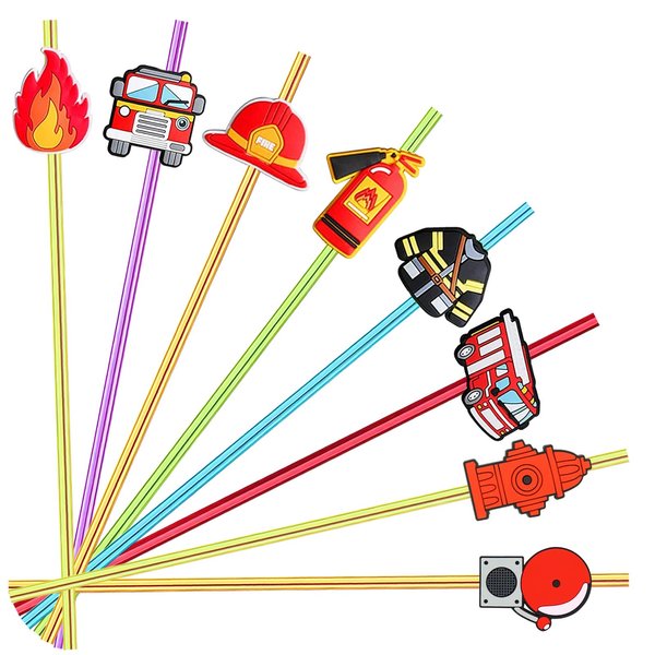GREAWOD 24 PCS Fire Truck Party Favors Drinking Straws for Fire Truck Birthday Party Supplies,Suitable for fire truck themed party With 2 Pieces Straw Cleaning Brushes(6 color)