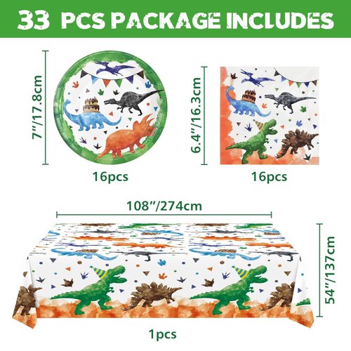 WERNNSAI Watercolor Dinosaur Party Supplies - 33 Pcs Dinosaur Party Plates Napkins and Tablecloth for Boys Disposable Birthday Party Decorations Dessert Plates Napkins Tableware Serves 16 Guests