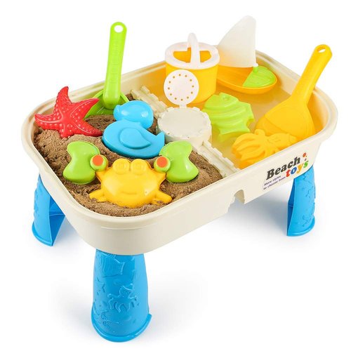 COOLOOK Beach Sand's Toys Set with Activity Table with Storage Compartment and Lid 10 Pieces