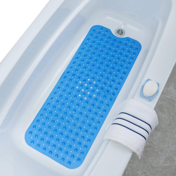 SlipX Solutions Power Grip Extra Long Bath Tub & Shower Mat 39x16, Wet Floor Non-Slip for Elderly & Kids Bathroom, 30% Longer Bathtub Mats, 200 Suction Cups, Drain Holes (1, Blue)