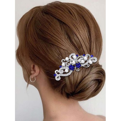 Latious Silver Bride Wedding Hair Comb Rhinestones Bridal Hair Accessories Pearl Hair Piece Decorative Hair Clip for Women and Girls (Blue)