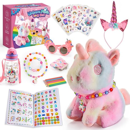 Unicorn Gifts Toys for Girls 3 4 5 6 7 8 Years Old, Kids Unicorn Toys with Plush Animal/Jewelry/Headband/Sunglass/Color Book & Sticker/Water Bottle, Christmas Birthday Gift Ideas for Girls Age 3-8