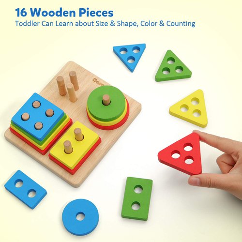 Coogam Wooden Sorting Stacking Montessori Toys, Shape Color Recognition Blocks Matching Puzzle, Fine Motor Skill Educational Preschool Learning Board Game Gift for Kids