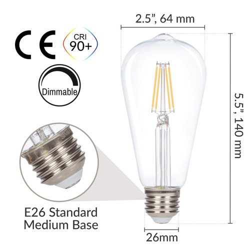 Simba Lighting LED Edison Vintage Filament ST21 (ST64) Light Bulbs (6 Pack) 4W Dimmable 40W Equivalent Clear Glass Decorative Antique Retro, Standard Medium E26 Base, Warm White 2700K