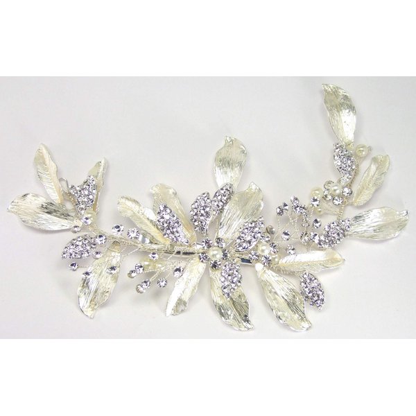 EnchantedBrides Handmade Ivory/Champagne Silver Couture Bridal Clip with Genuine Silver Plated Metal Leaves and Rhinestone-Encrusted Leaves and Crystal Rhinestones and Pearls on Twisted Wires for Brid