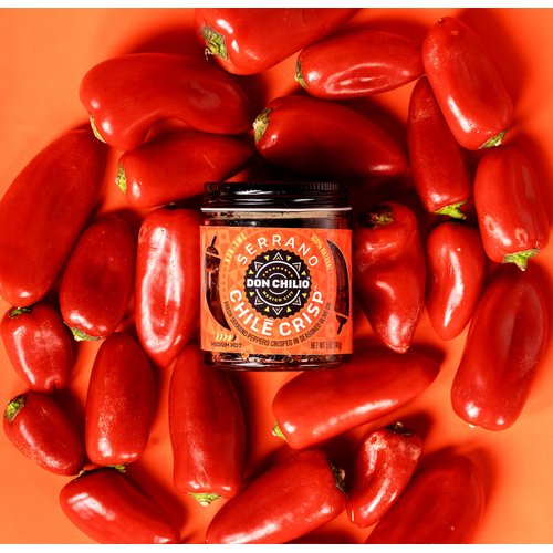 Don Chilio Medium Heat Serrano Mexican Chile Crisp, 5 oz. – Crunchy Sliced Serrano Fried Chili Peppers in Hot Seasoned 100% Olive Oil – Keto-Friendly, Vegan, Gluten Free