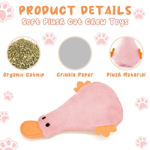 Andiker Cat Catnip Toys, 3Pcs Cat Interactive Toys for Indoor Cats, Soft Plush Cat Chew Toys with Crinkle Paper for Relieve Stress, Reduce Boredom, Teething (Duck)