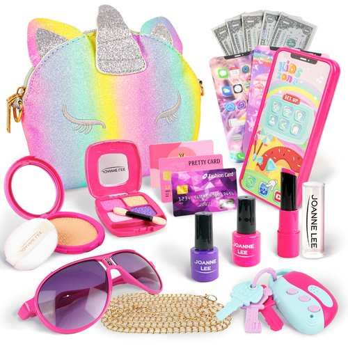 BELLOCHIDDO Little Girls Purse Toddlers - Unicorn Purse with with Accessories Phone, Makeup Toy Set and Fake Money, Princess Toys, Christmas, Birthday Gifts for Girls Age 3+