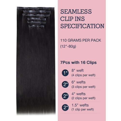Human Hair Clip in Extensions Seamless Clip in Hair Extensions Human Hair Clip in Hair Extensions,Extensiones de Cabello Humano Yaki Straight 110g 18 inch Natural Black,100% Remy Human Hair Clip ins