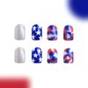 OHWODA Independence Day Press on Nails Square 4th of July Short Fake Nails Blue Red Patriotic False Nail Tips American Day Nails Designs Short Nails Press ons 24Pcs (style14)