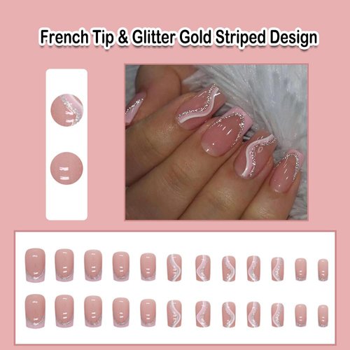 ANDGING French Tip Press on Nails Pink Coffin Short Medium Glue on Nails with Glitter Gold Striped Design Gel Acrylic Fake Nails for Wedding False Nails Women Manicure Stick on Nail with Glue AL668I8