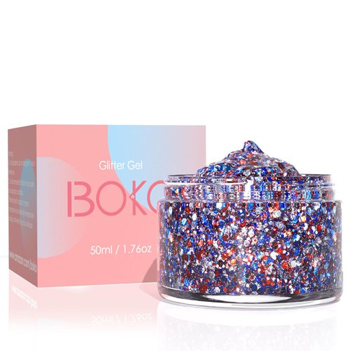 Boko 50ML Body Glitter Gel, Red White Blue Chunky Glitter for Face Hair Body Pride Makeup, Patriotic Glitter for Halloween Christmas Flag Presidents' Day Independence Veterans Day Rave Accessories