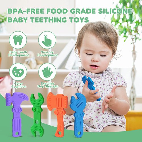 TYRY.HU Baby Teething Toys for Babies, Baby Teether Toys, BPA Free Silicone Baby Molar Teether Chew Toys, Hammer Wrench Spanner Pliers for Boys Girls, Soft-Textured, Easy to Hold & Clean, 4 Packs