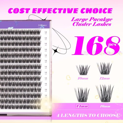 GAQQI Lash Clusters, GQ19 Individual Lashes 168pcs D Curl, DIY Lash Extension 14mm Length Only False Eyelash Clusters, Natural & Wispy Lash Wisps (GQ19,D Curl,14mm)