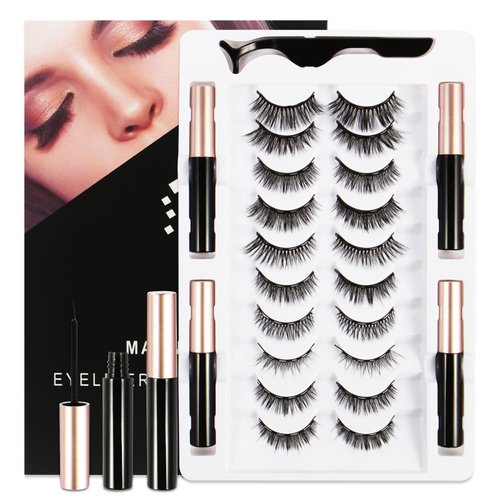 Magnetic Lashes with Applicator & Magnetic Eyeliner Kit - FEITA Reusable 3D 5D Magnetic Eyelashes Pack with 1 Tweezers & Upgraded 4 Tubes Magnetic Eyeliner, No Glue (15 Packs)