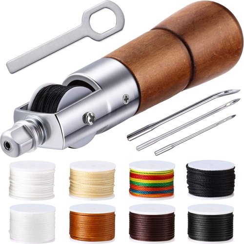 12 Pieces Leather Sewing Awl Kit Hand Stitcher with Craft Accessories Set, Hand Awl Tool, 3 Sizes Needles and 8 Colors Replacement Spools of Thread, Stitching Awl Tool Kit for Leather Fabric Supplies