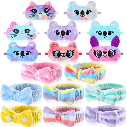 Maiteenly 16 Pcs Sleepover Party Supplies 8 Pcs Animal Sleep Eye Masks 8 Pcs Bow Makeup Headbands Plush Sleeping Eye Mask for Christmas Gift Washing Face Makeup Shower Women