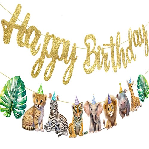 Wild Animal Birthday Party Banner Safari Jungle Animals Cutout Banners 2Pcs Wild One Birthday Party Decorations Jungle Theme Party Banners for Wild Theme Baby Shower Supplies