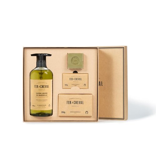 Fer à Cheval Pure Olive Authentic Gift Set | Liquid Marseille Soap 500ML/16.9 Fl Oz, Savon De Marseille Soap Bar 250g/8.82oz and 100g/3.53oz Set | Natural and Hypoallergenic French Pure Olive Oil Soap