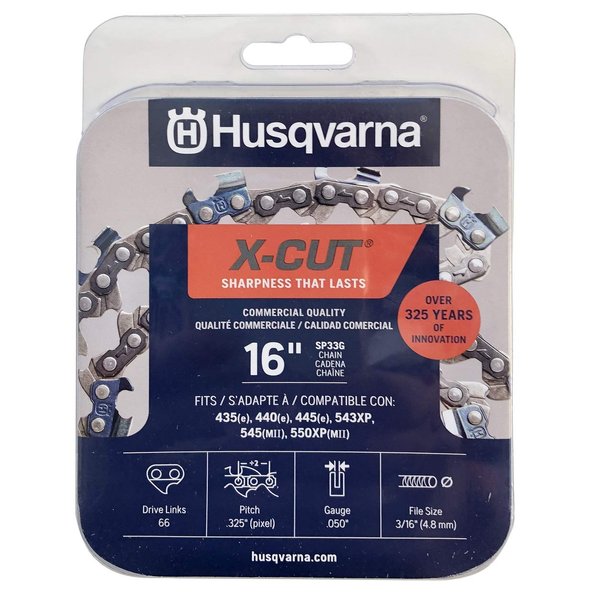 Husqvarna X-Cut SP33G 16 Inch Chainsaw Chain, 325" Pitch, 050" Gauge, 66 Drive Links, Pre-Stretched Chainsaw Blade Replacement with Superior Lubrication and Low Kickback,Grey